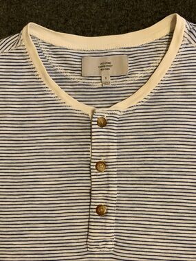 Jack Spade White & Blue Striped Henley T-shirt (Small)